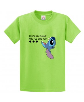 Touch My Phone and I'll Bite You Blue Alien Unisex Kids and Adults T-Shirt For Animated Cartoon Fans